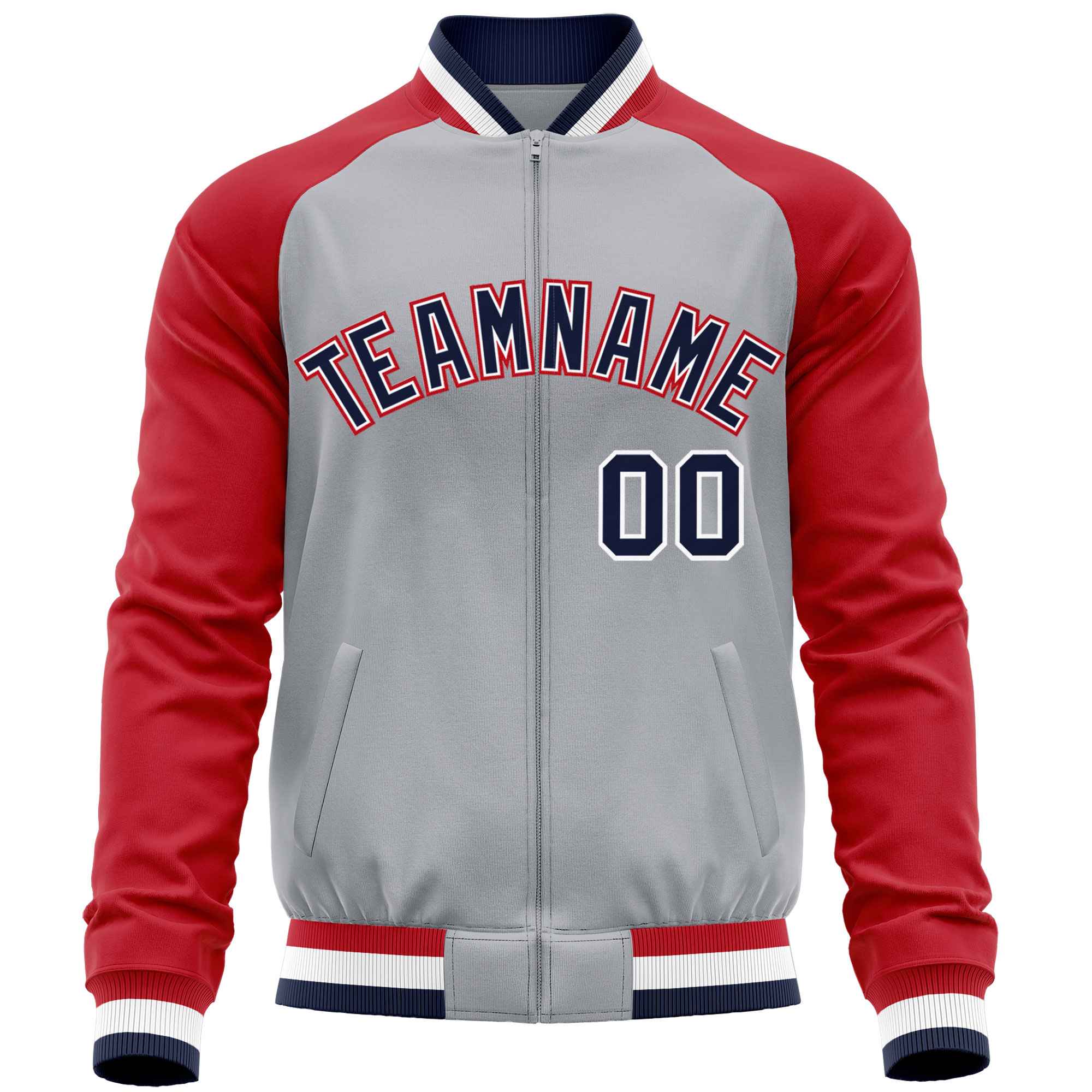 Custom Gray Red Varsity Full-Zip Raglan Sleeves Letterman Baseball Jacket