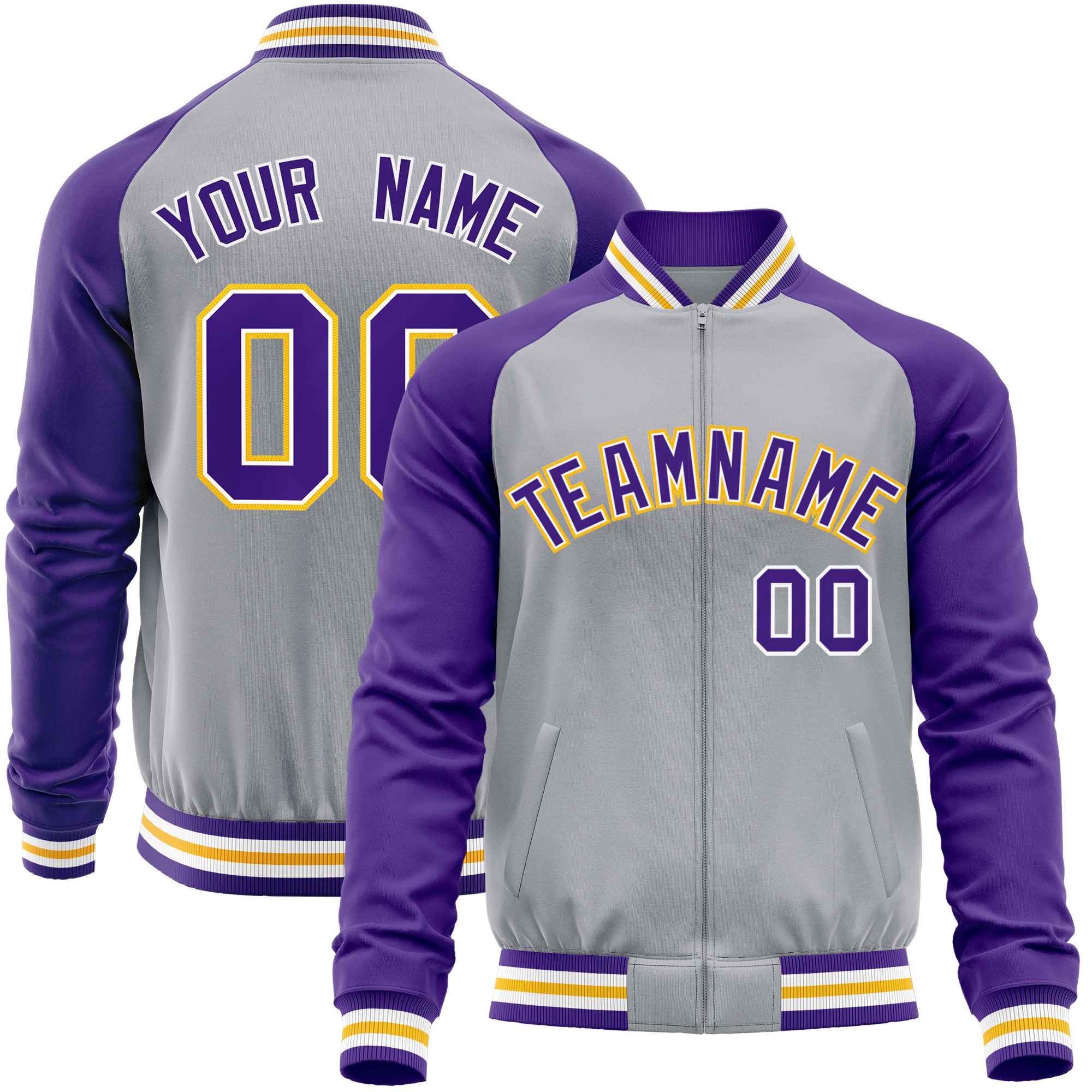 Custom Gray Purple Varsity Full-Zip Raglan Sleeves Letterman Baseball Jacket