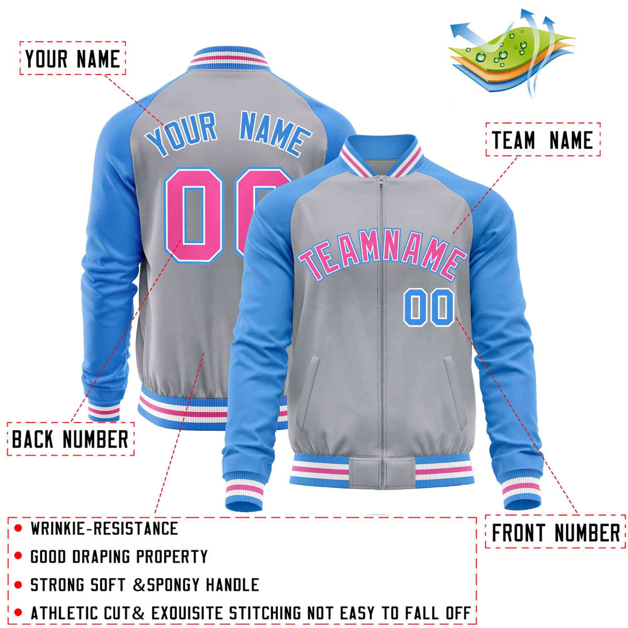 Custom Gray Powder Blue Varsity Full-Zip Raglan Sleeves Letterman Baseball Jacket