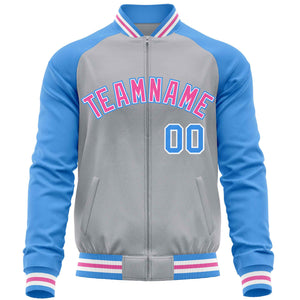 Custom Gray Powder Blue Varsity Full-Zip Raglan Sleeves Letterman Baseball Jacket