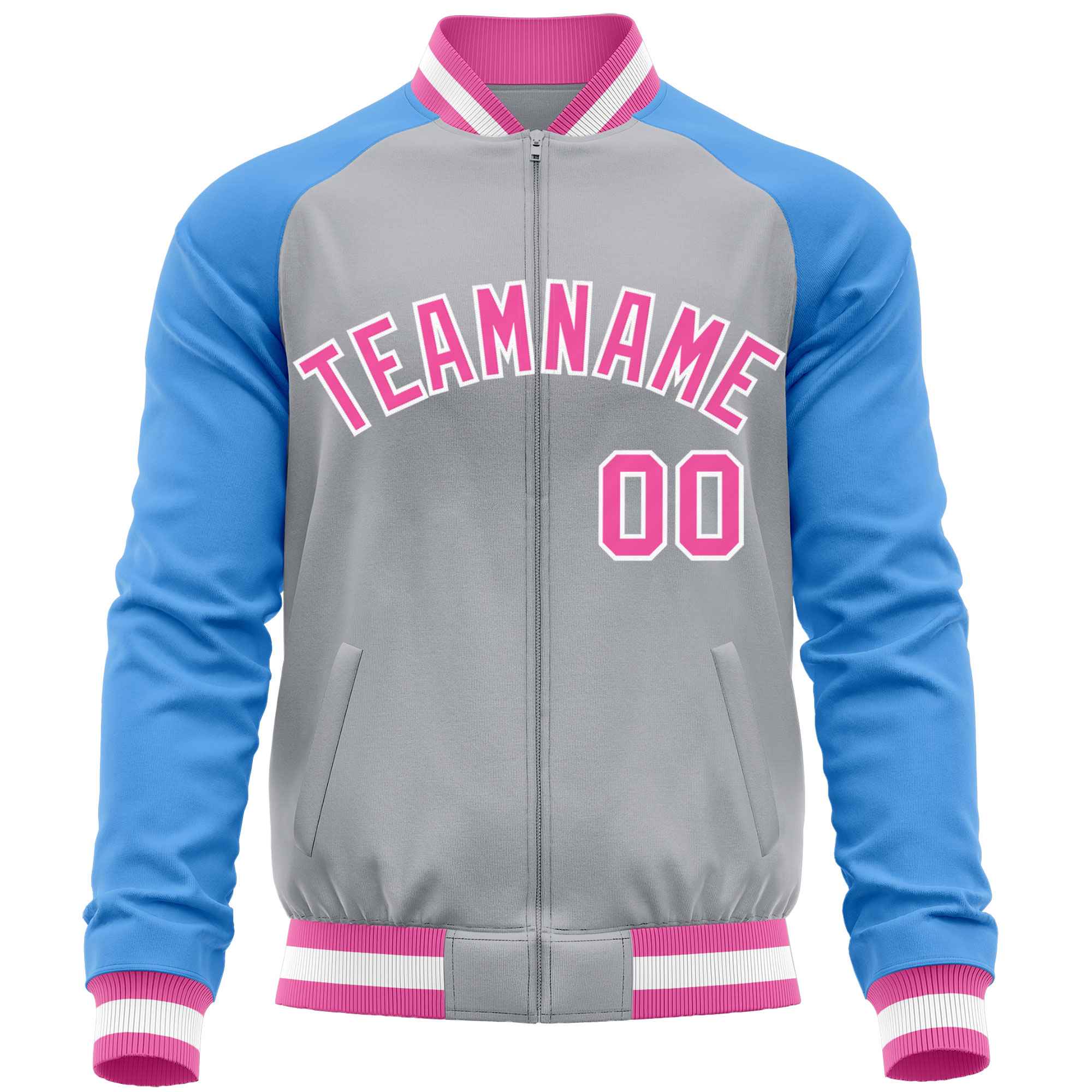 Custom Gray Powder Blue Varsity Full-Zip Raglan Sleeves Letterman Baseball Jacket