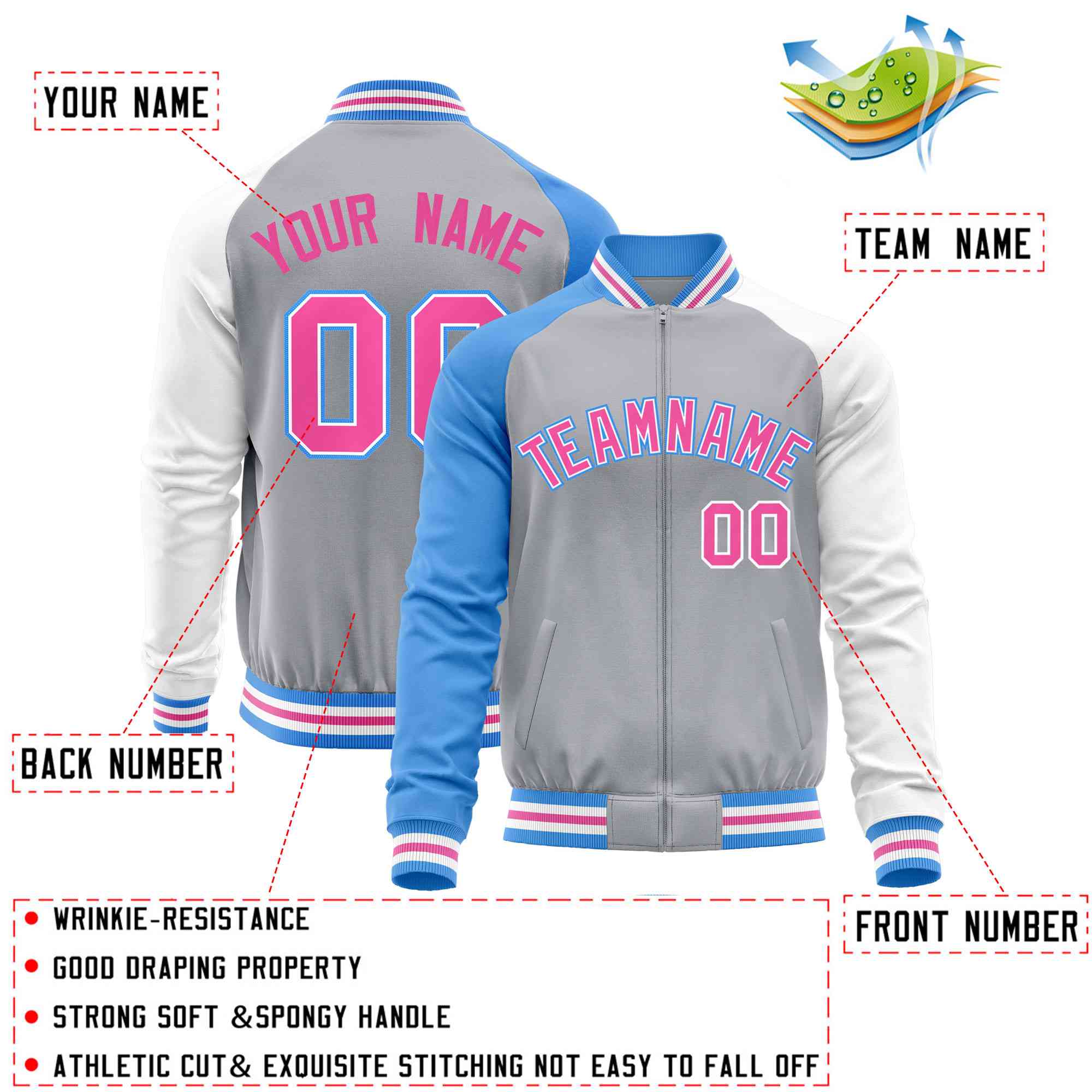 Custom Gray White-Powder Blue Varsity Full-Zip Raglan Sleeves Letterman Baseball Jacket