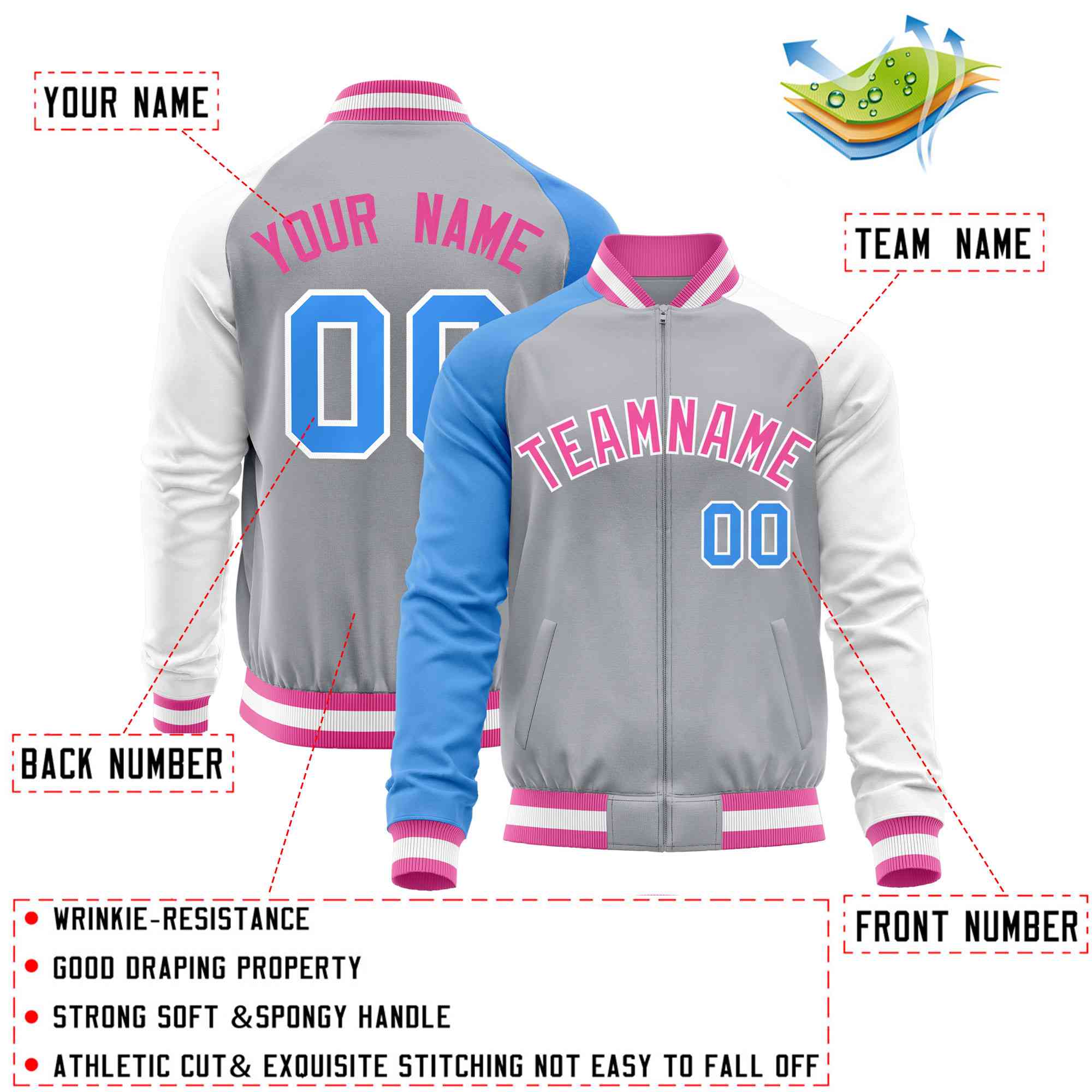 Custom Gray White-Powder Blue Varsity Full-Zip Raglan Sleeves Letterman Baseball Jacket