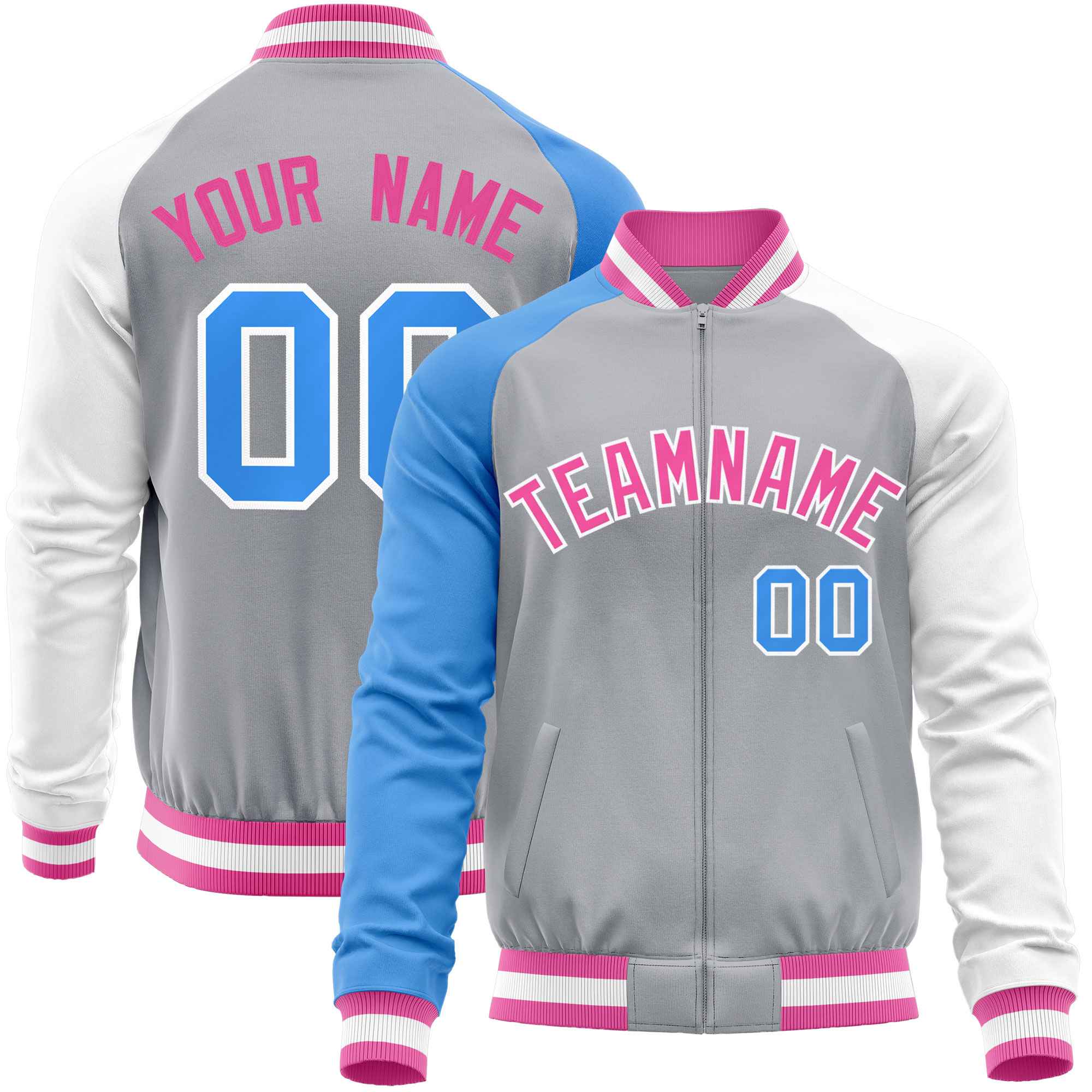 Custom Gray White-Powder Blue Varsity Full-Zip Raglan Sleeves Letterman Baseball Jacket