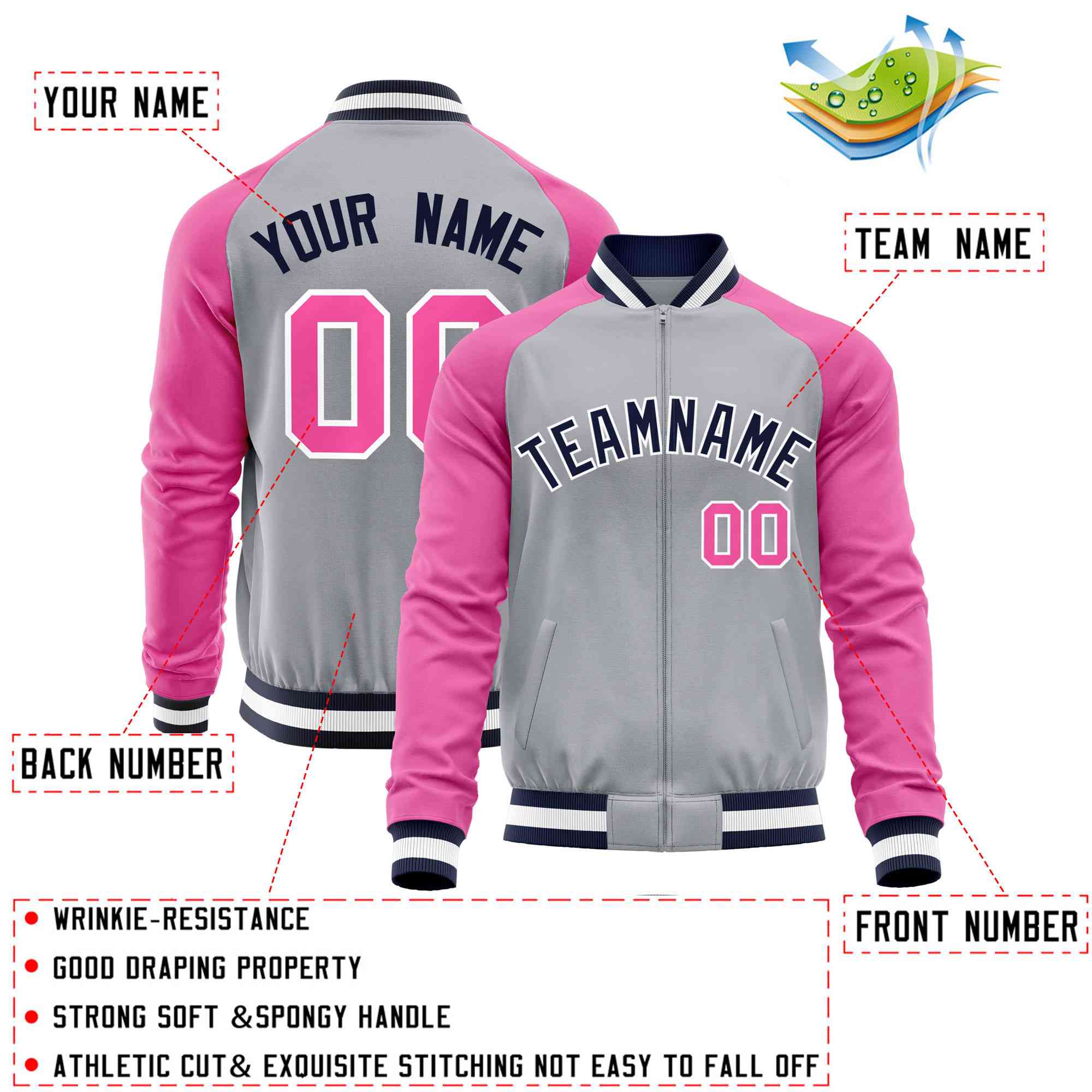 Custom Gray Pink Varsity Full-Zip Raglan Sleeves Letterman Baseball Jacket