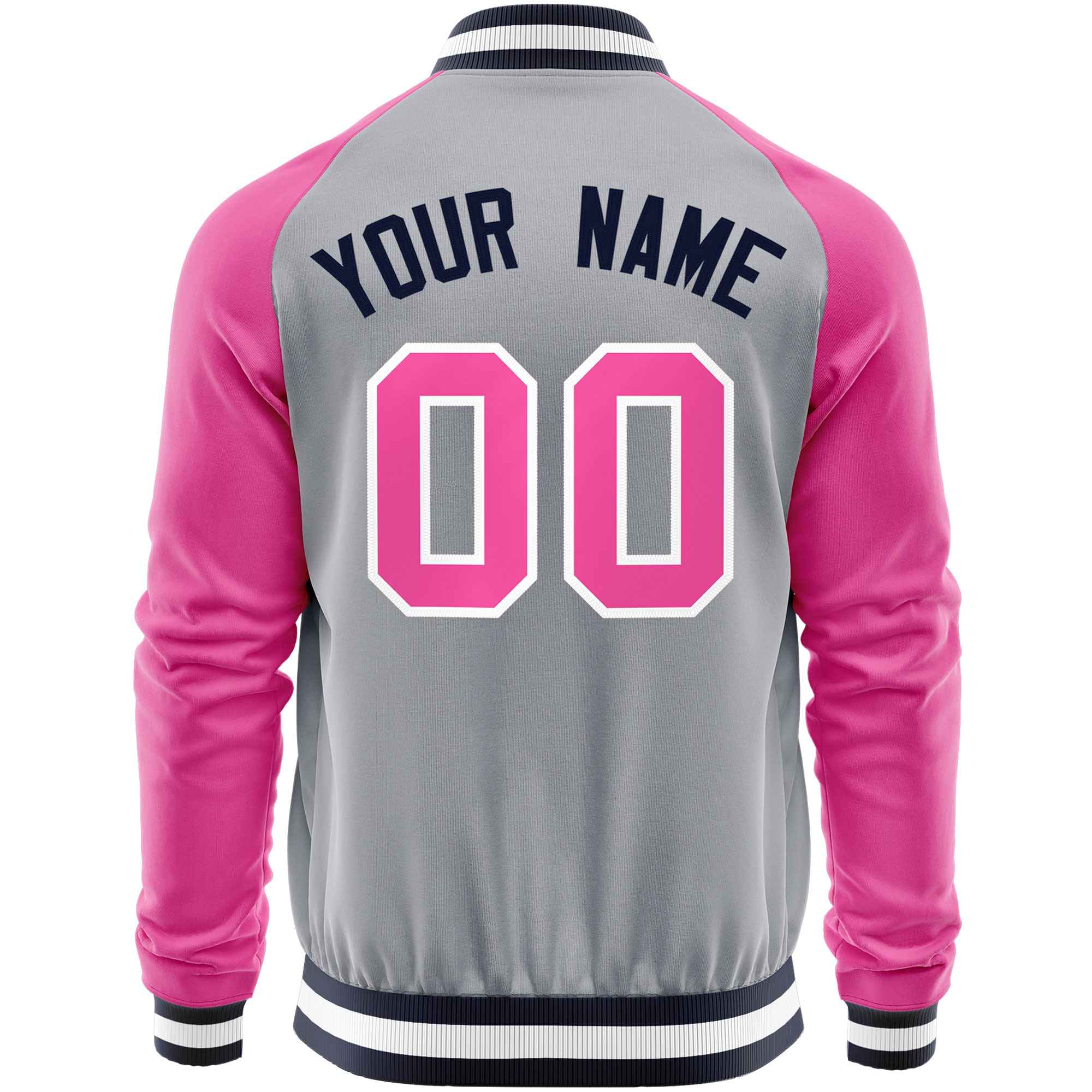 Custom Gray Pink Varsity Full-Zip Raglan Sleeves Letterman Baseball Jacket