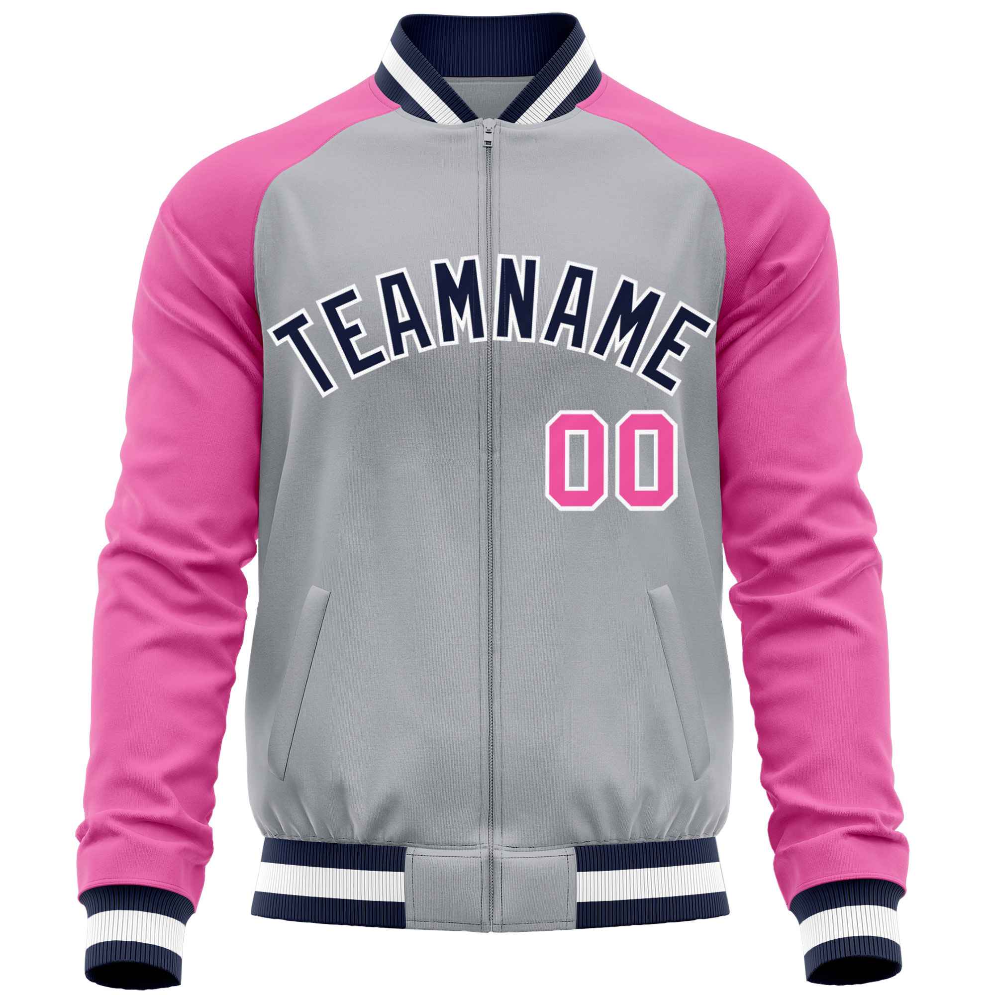 Custom Gray Pink Varsity Full-Zip Raglan Sleeves Letterman Baseball Jacket