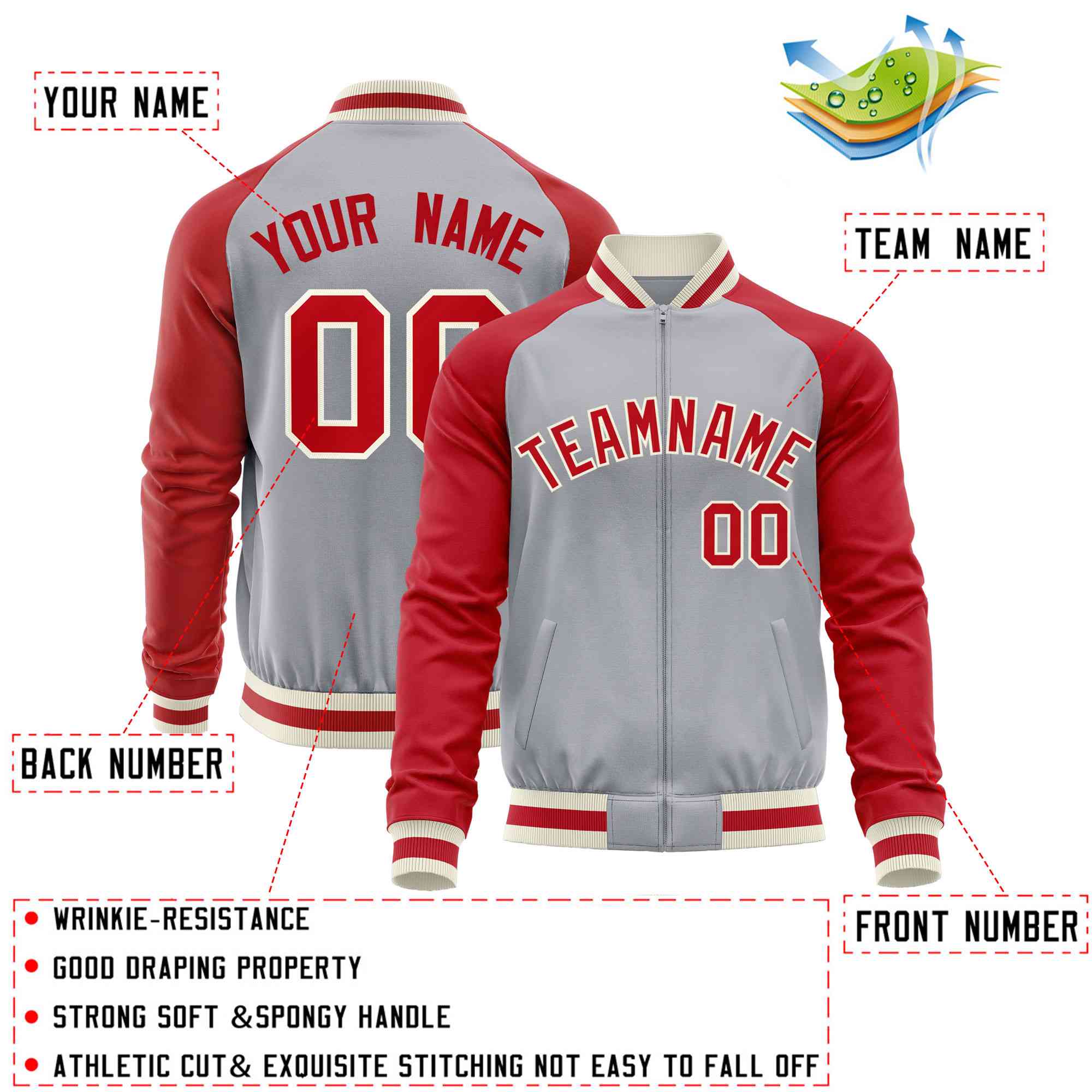 Custom Gray Red Varsity Full-Zip Raglan Sleeves Letterman Baseball Jacket