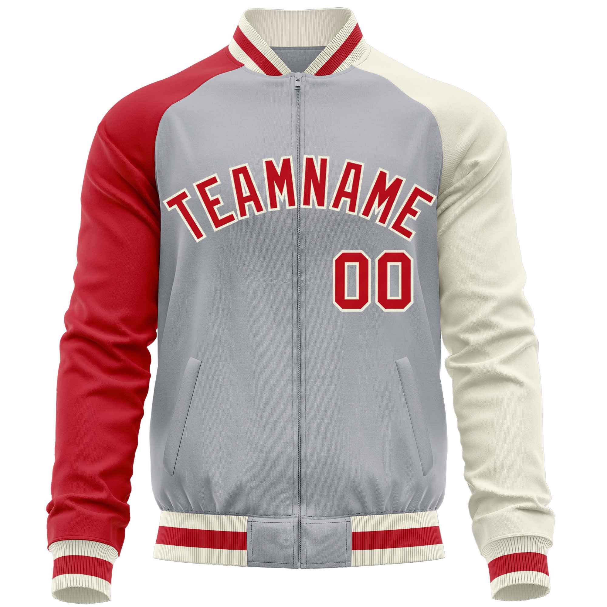 Custom Gray Cream-Red Varsity Full-Zip Raglan Sleeves Letterman Baseball Jacket