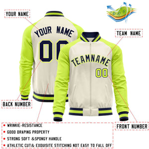 Custom Cream Neon Green Varsity Full-Zip Raglan Sleeves Letterman Baseball Jacket