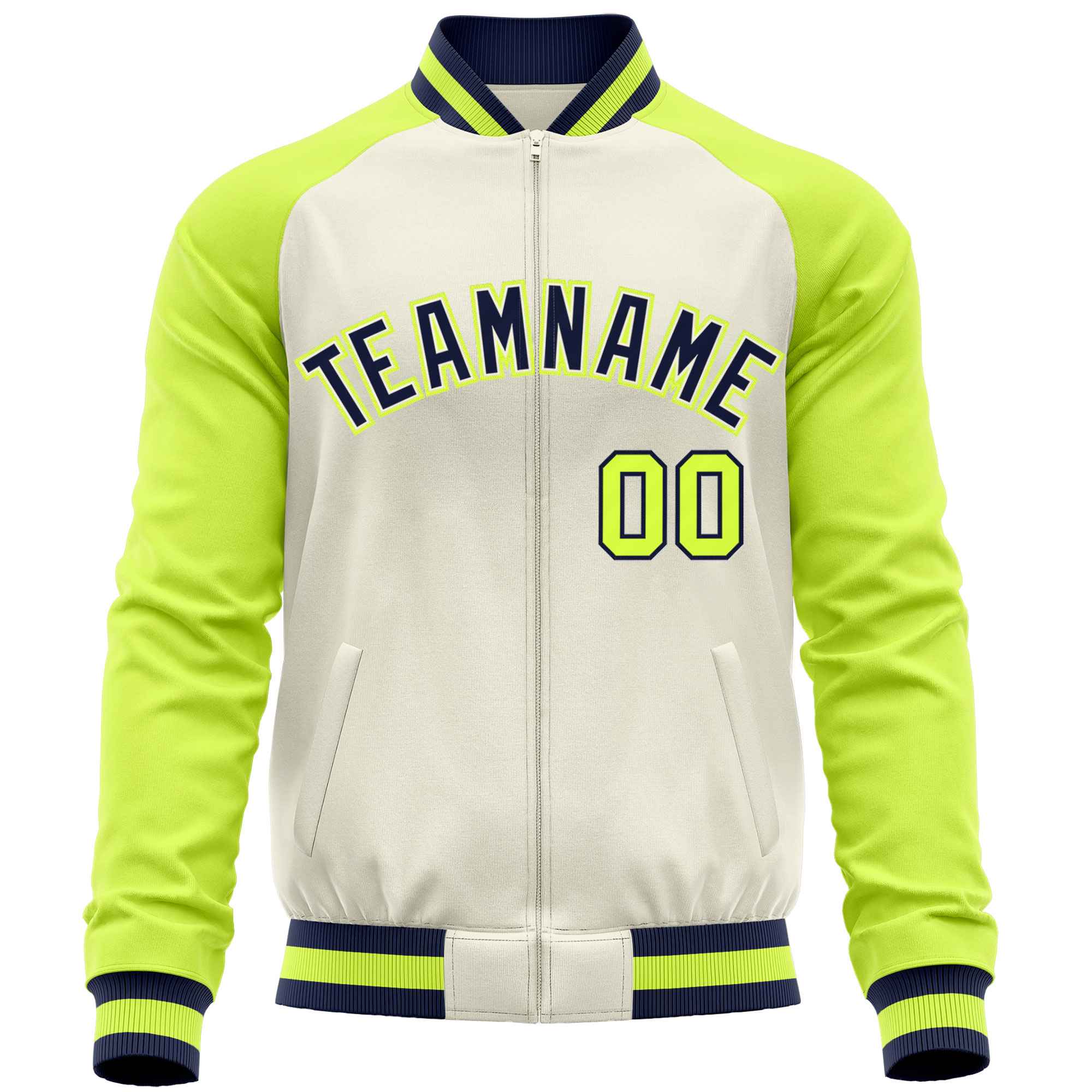 Custom Cream Neon Green Varsity Full-Zip Raglan Sleeves Letterman Baseball Jacket