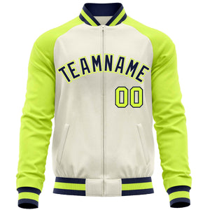 Custom Cream Neon Green Varsity Full-Zip Raglan Sleeves Letterman Baseball Jacket