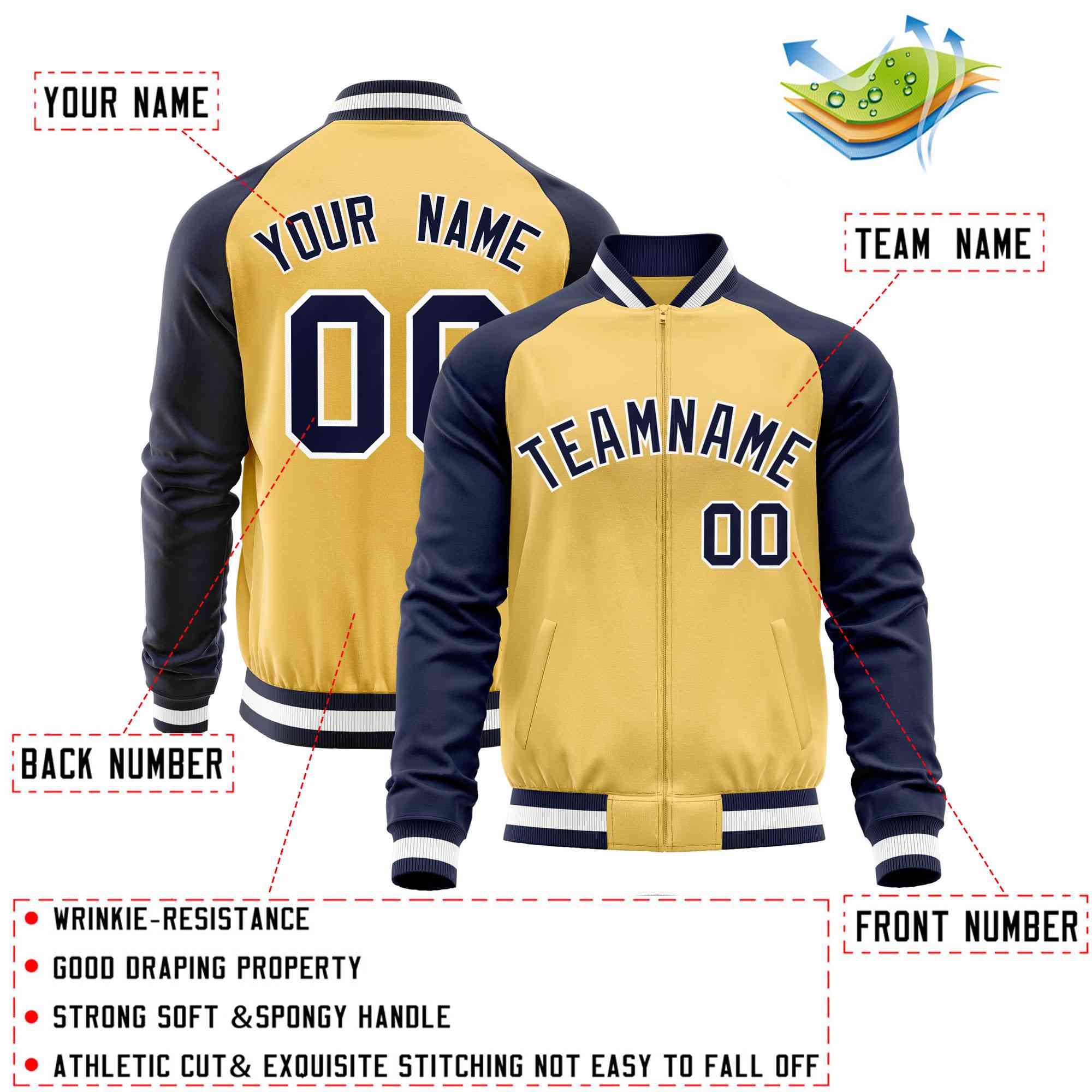 Custom Yellow Navy Varsity Full-Zip Raglan Sleeves Letterman Baseball Jacket