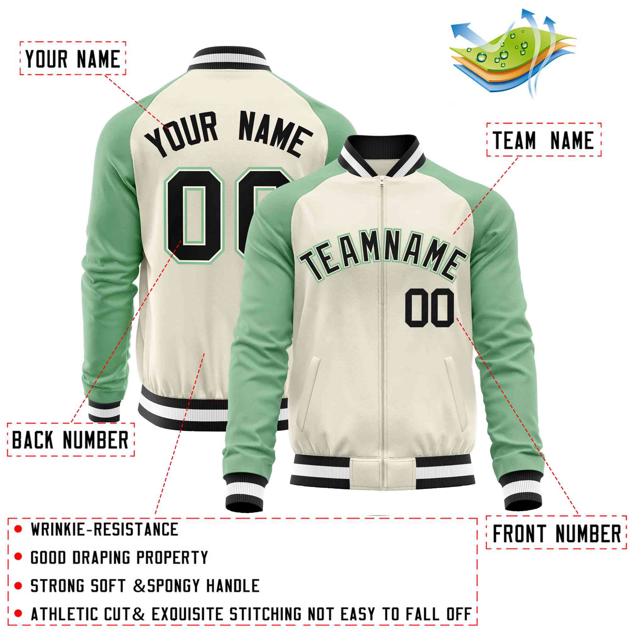 Custom Cream Light Green Varsity Full-Zip Raglan Sleeves Letterman Baseball Jacket