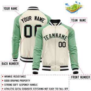 Custom Cream Light Green Varsity Full-Zip Raglan Sleeves Letterman Baseball Jacket