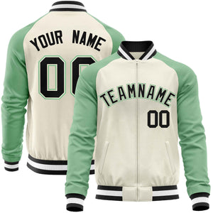 Custom Cream Light Green Varsity Full-Zip Raglan Sleeves Letterman Baseball Jacket