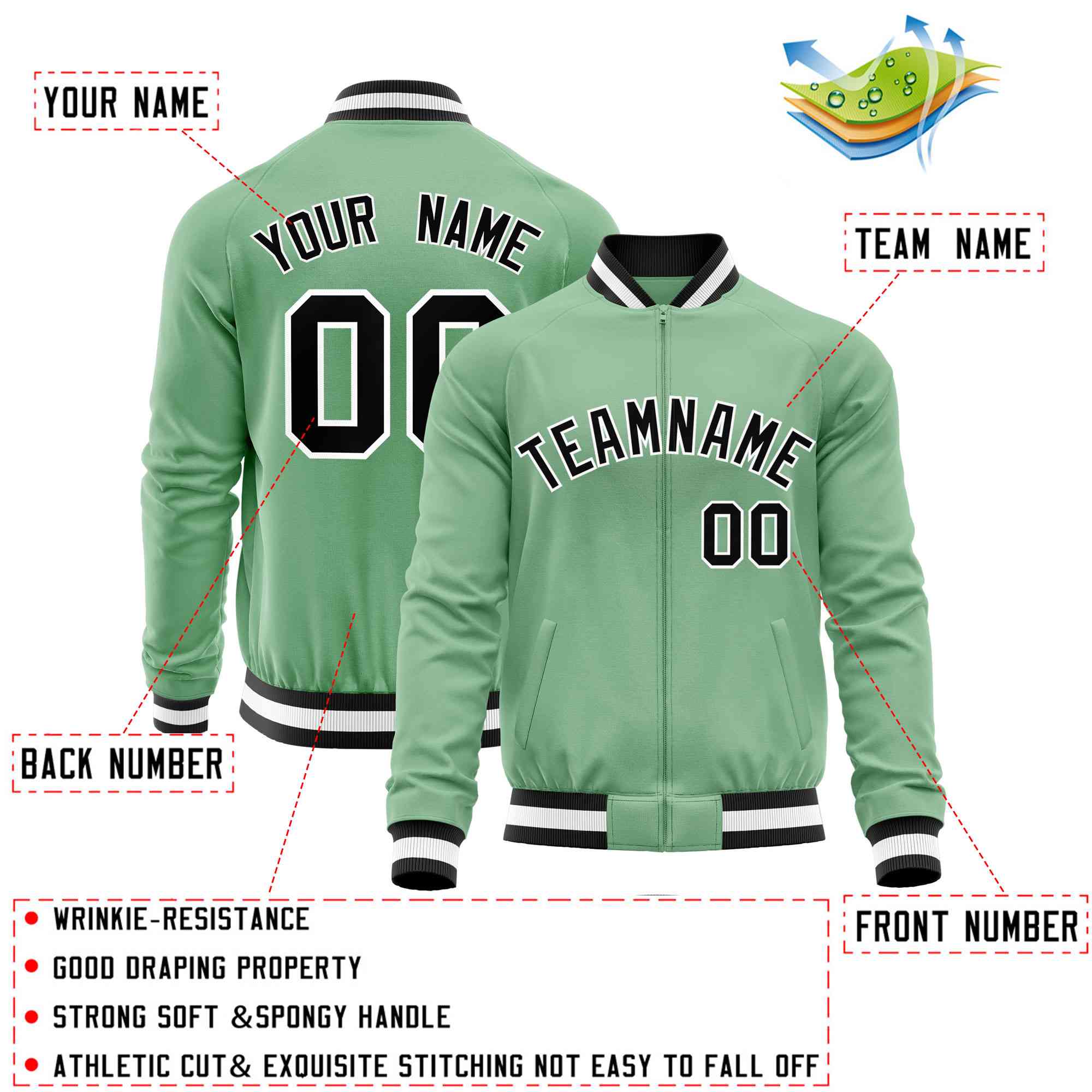 Custom Green Black Varsity Full-Zip Classic Style Letterman Baseball Jacket