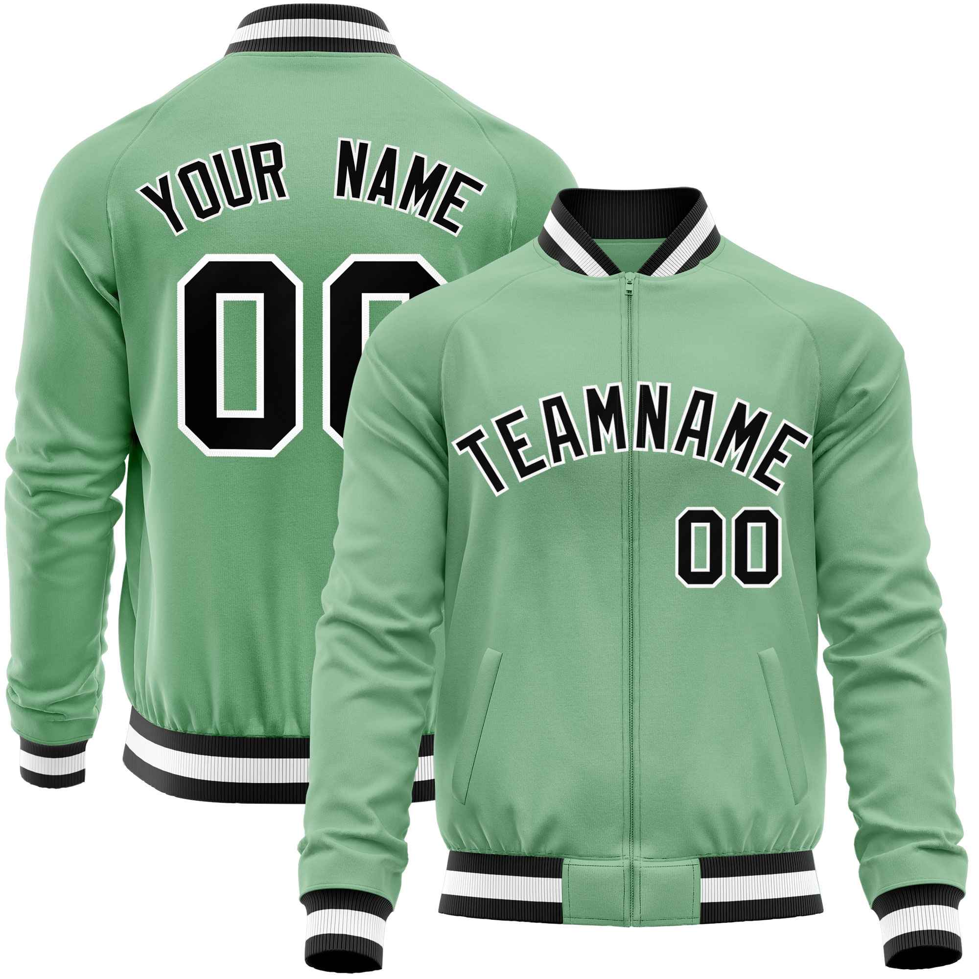 Custom Green Black Varsity Full-Zip Classic Style Letterman Baseball Jacket