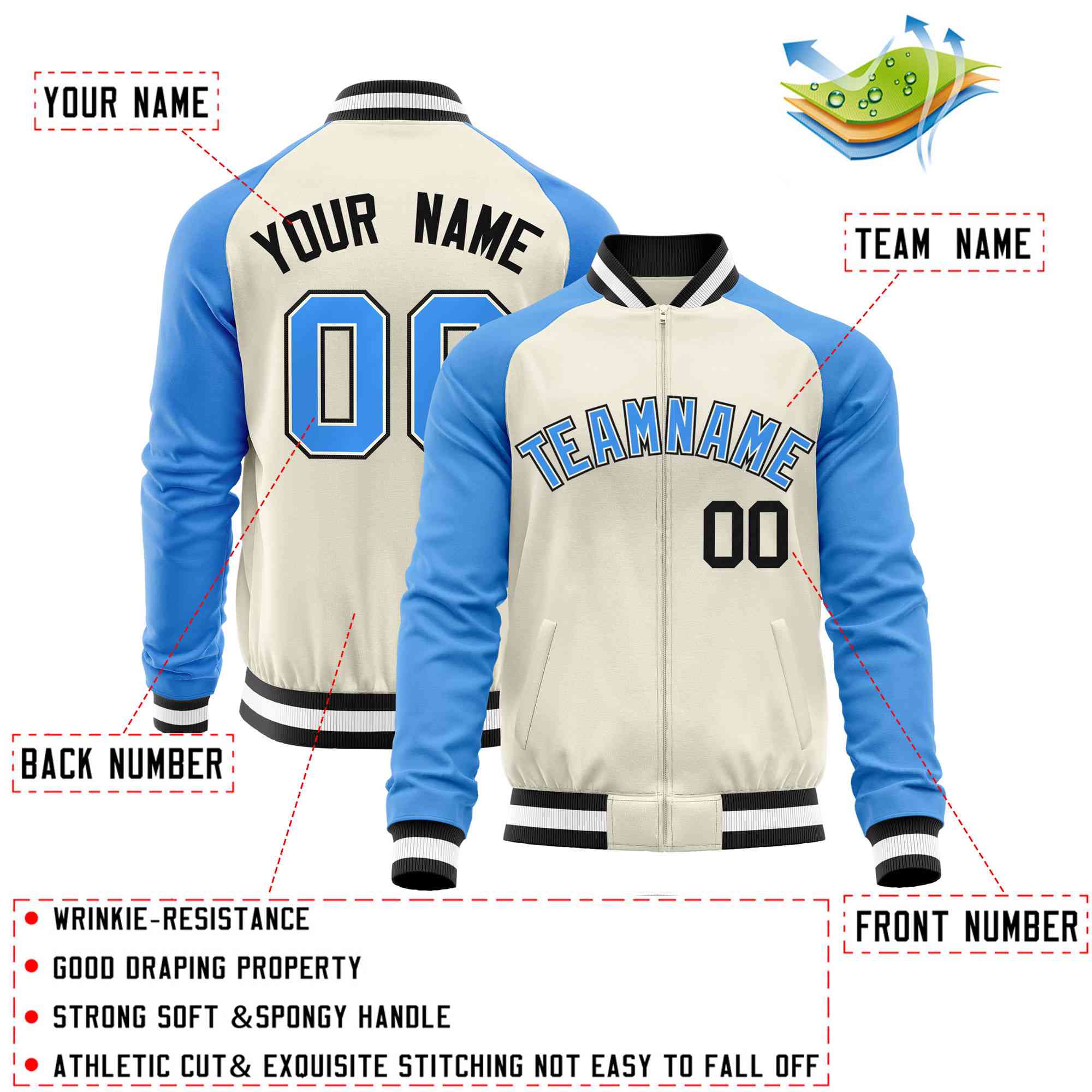 Custom Cream Powder Blue Varsity Full-Zip Raglan Sleeves Letterman Baseball Jacket