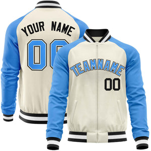 Custom Cream Powder Blue Varsity Full-Zip Raglan Sleeves Letterman Baseball Jacket