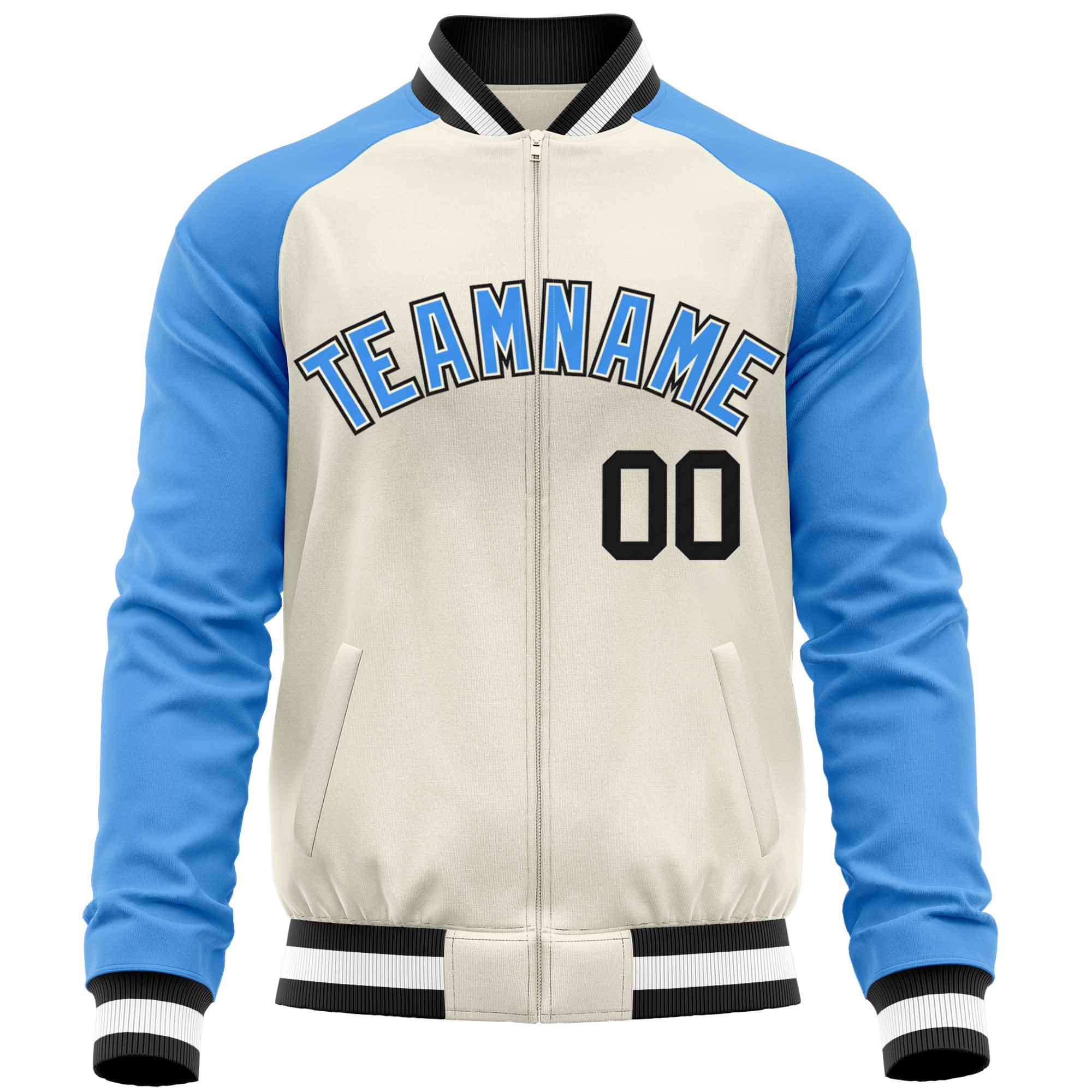 Custom Cream Powder Blue Varsity Full-Zip Raglan Sleeves Letterman Baseball Jacket