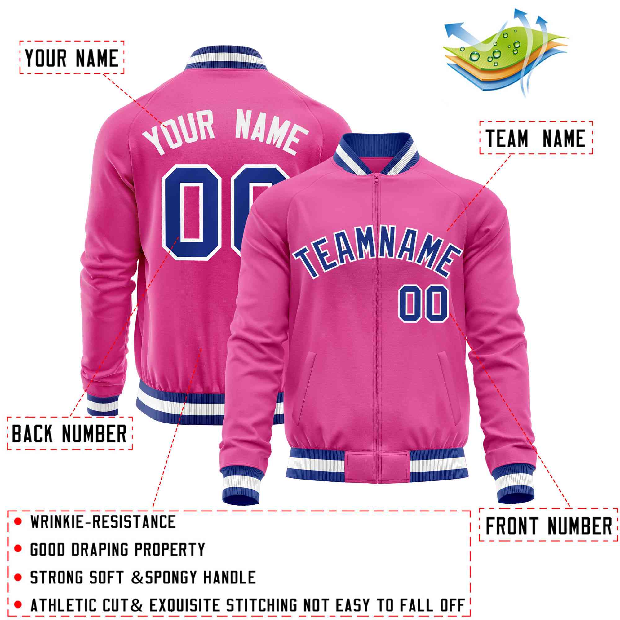 Custom Pink Royal Varsity Full-Zip Classic Style Letterman Baseball Jacket