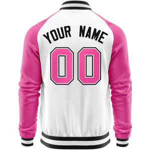 Custom White Pink-Black Varsity Full-Zip Raglan Sleeves Letterman Baseball Jacket