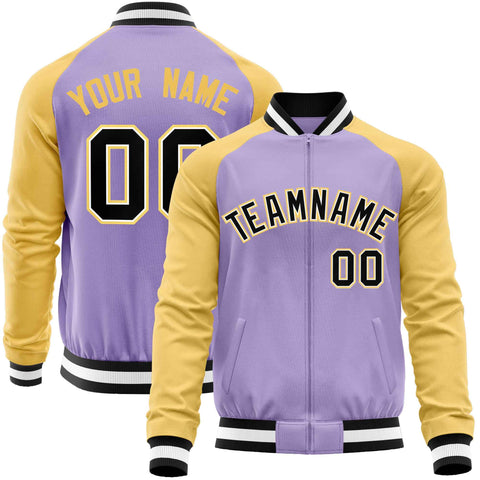Custom Light Purple Yellow Varsity Full-Zip Raglan Sleeves Letterman Baseball Jacket