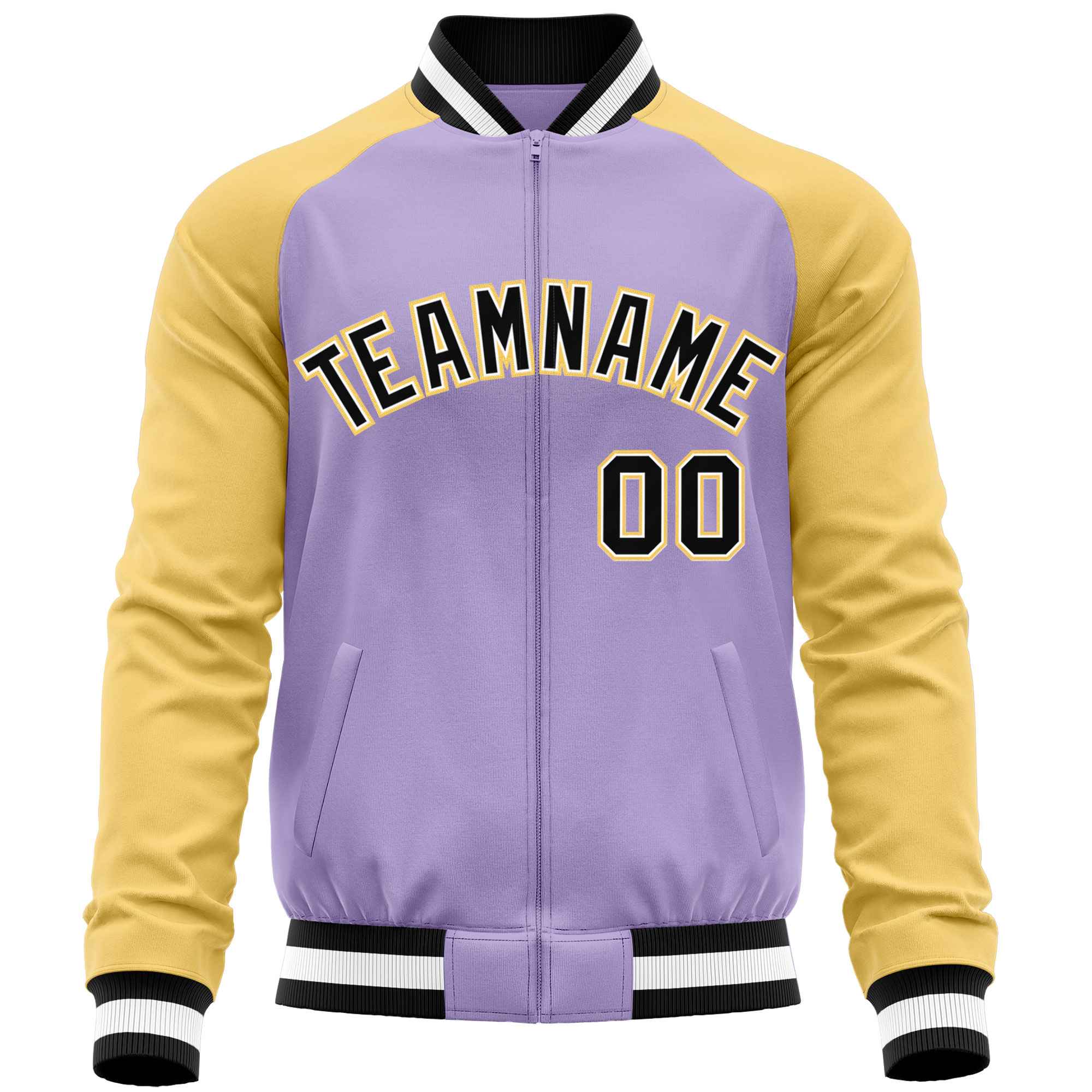 Custom Light Purple Yellow Varsity Full-Zip Raglan Sleeves Letterman Baseball Jacket