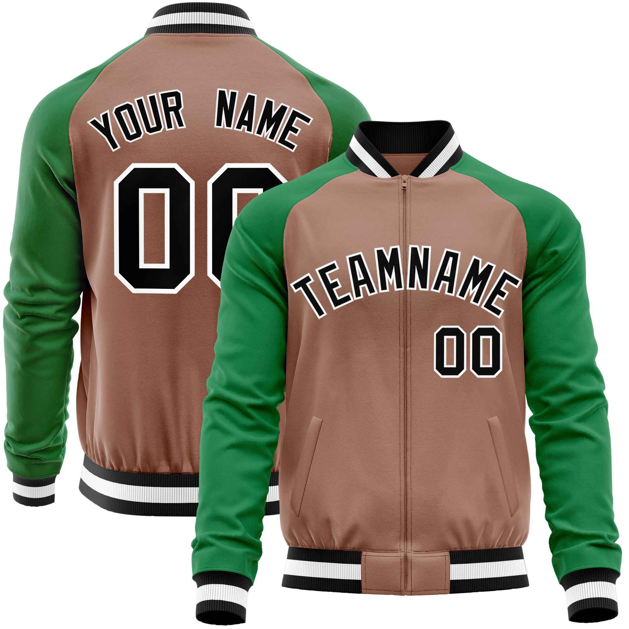 Custom Brown Kelly Green Varsity Full-Zip Raglan Sleeves Letterman Baseball Jacket