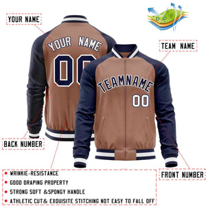 Custom Brown Navy Varsity Full-Zip Raglan Sleeves Letterman Baseball Jacket