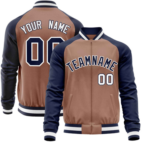Custom Brown Navy Varsity Full-Zip Raglan Sleeves Letterman Baseball Jacket
