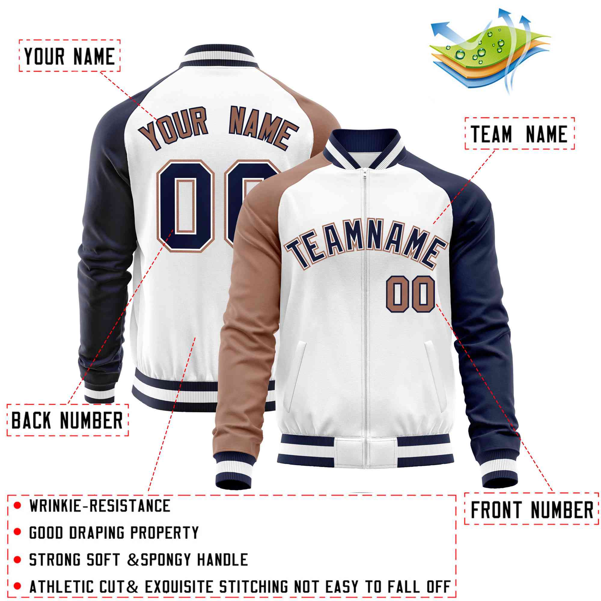 Custom White Navy-Brown Varsity Full-Zip Raglan Sleeves Letterman Baseball Jacket