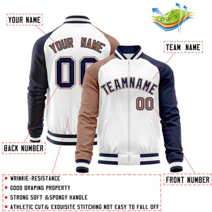 Custom White Navy-Brown Varsity Full-Zip Raglan Sleeves Letterman Baseball Jacket