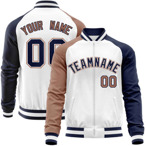 Custom White Navy-Brown Varsity Full-Zip Raglan Sleeves Letterman Baseball Jacket