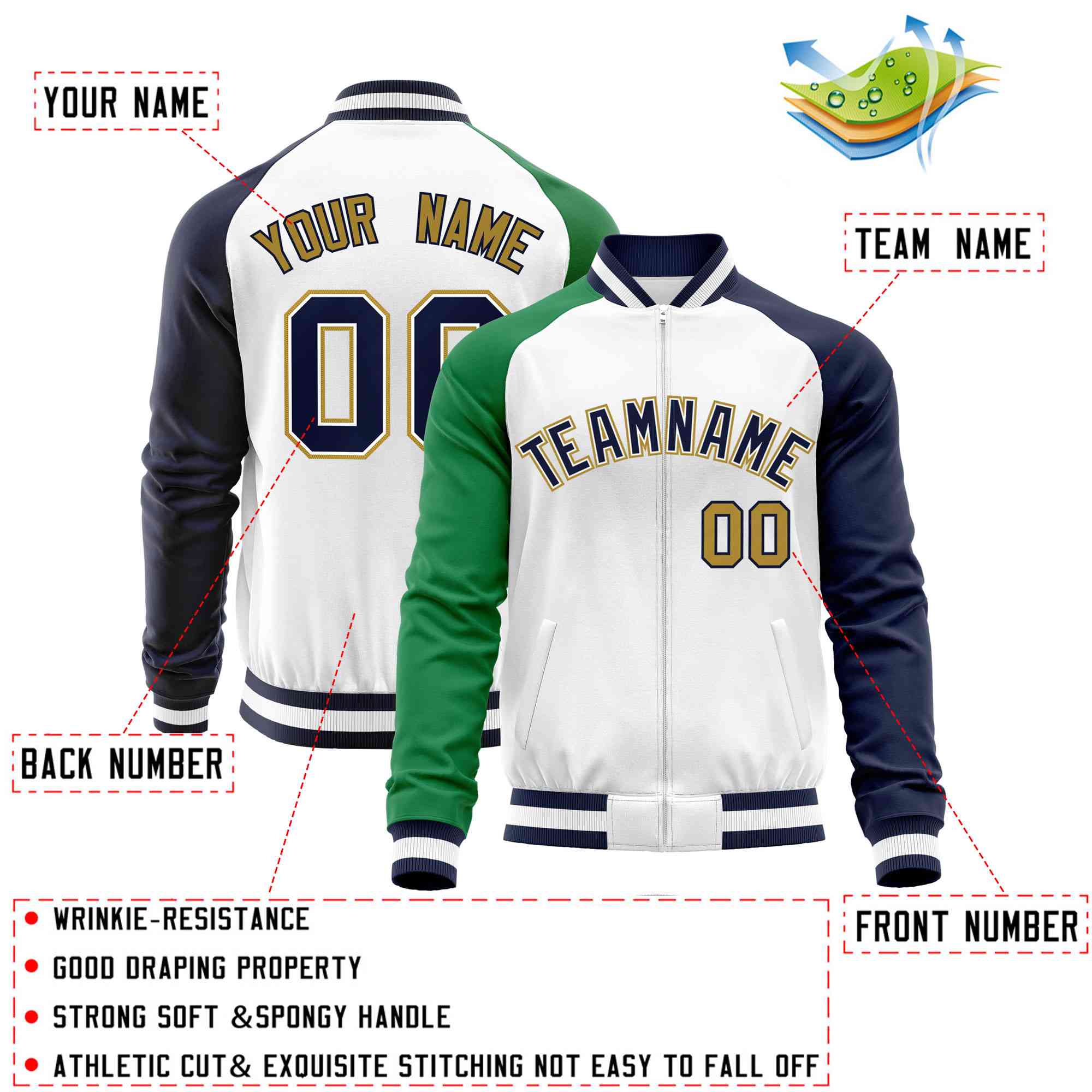 Custom White Navy-Kelly Green Varsity Full-Zip Raglan Sleeves Letterman Baseball Jacket