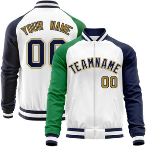 Custom White Navy-Kelly Green Varsity Full-Zip Raglan Sleeves Letterman Baseball Jacket