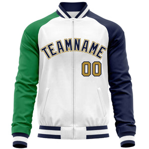 Custom White Navy-Kelly Green Varsity Full-Zip Raglan Sleeves Letterman Baseball Jacket