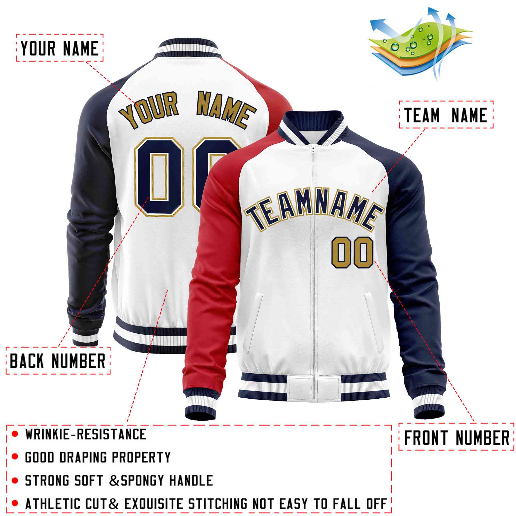 Custom White Navy-Red Varsity Full-Zip Raglan Sleeves Letterman Baseball Jacket