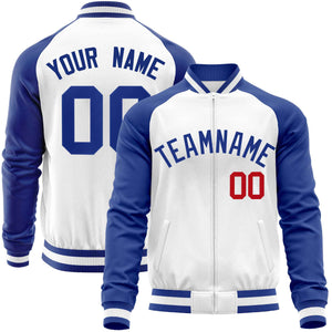 Custom White Royal Varsity Full-Zip Raglan Sleeves Letterman Baseball Jacket