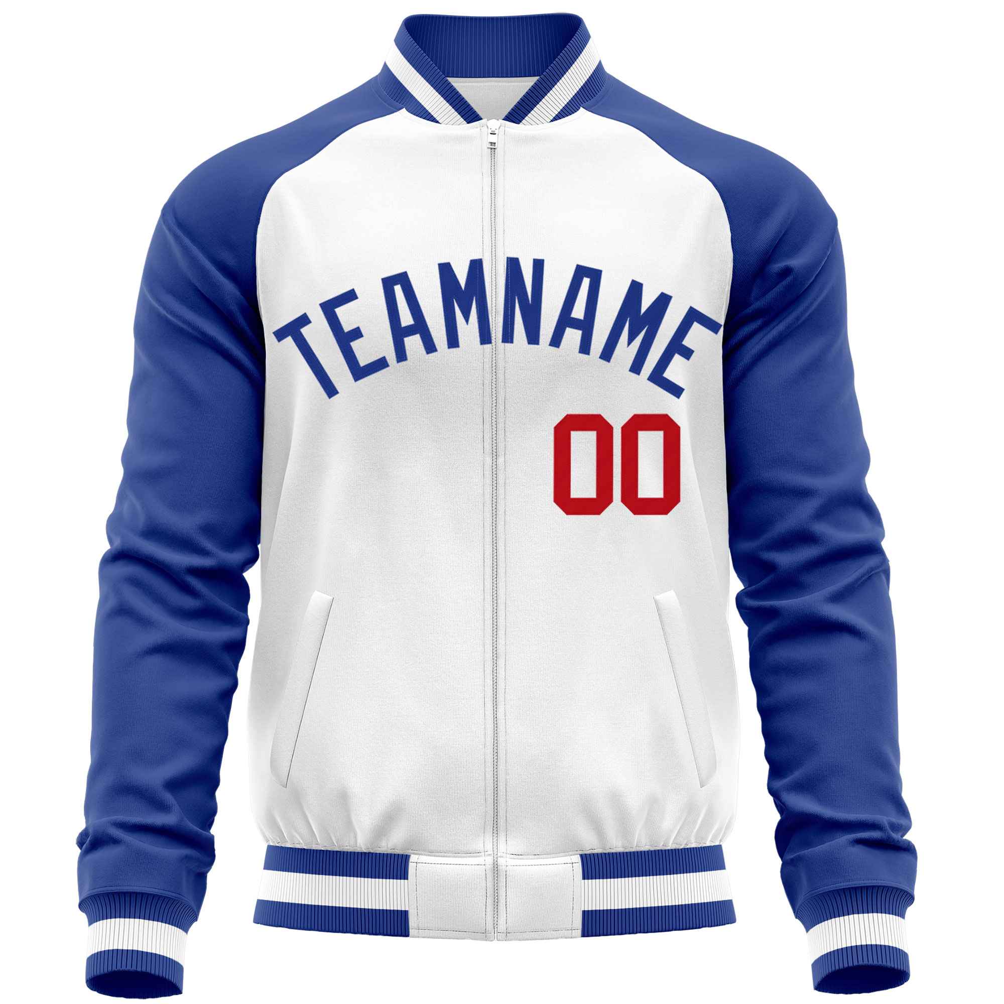 Custom White Royal Varsity Full-Zip Raglan Sleeves Letterman Baseball Jacket