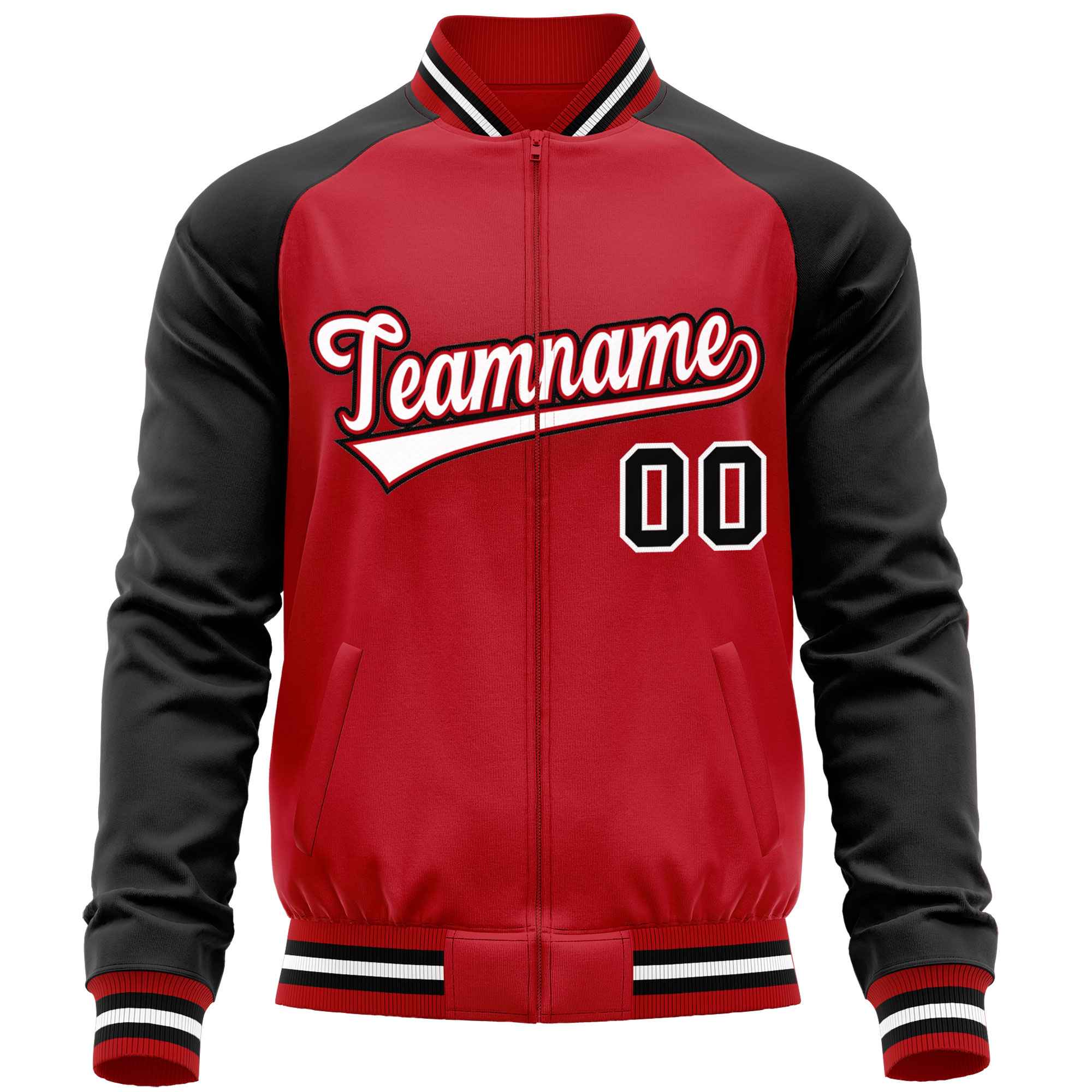 Custom Red Black Varsity Full-Zip Raglan Sleeves Letterman Baseball Jacket