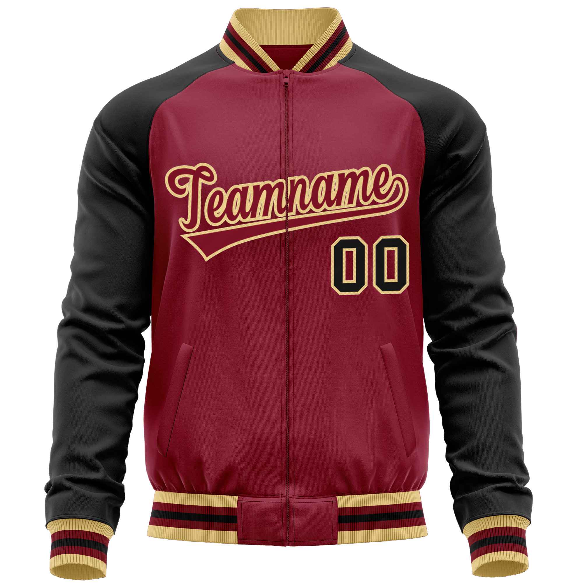 Custom Crimson Black Varsity Full-Zip Raglan Sleeves Letterman Baseball Jacket