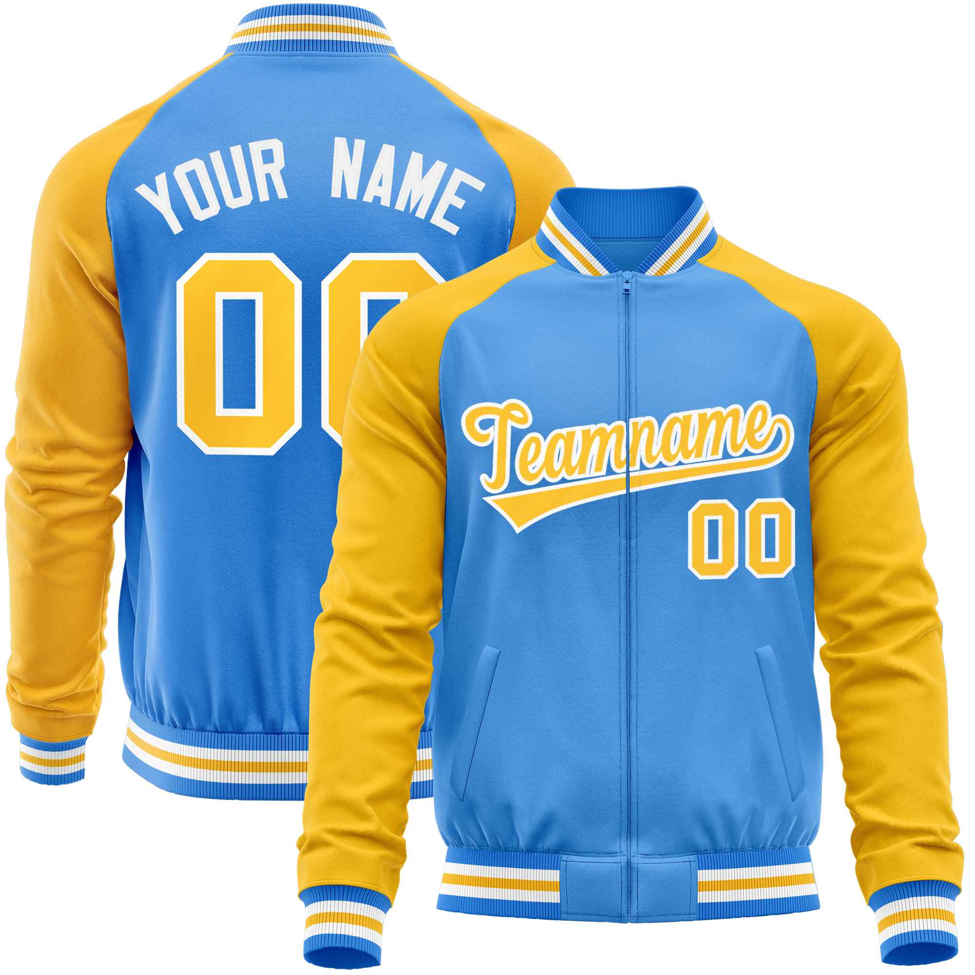 Custom Powder Blue Yellow Varsity Full-Zip Raglan Sleeves Letterman Baseball Jacket