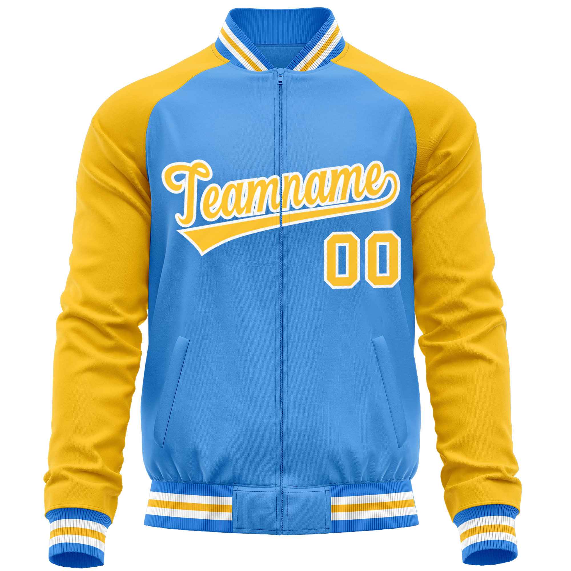 Custom Powder Blue Yellow Varsity Full-Zip Raglan Sleeves Letterman Baseball Jacket