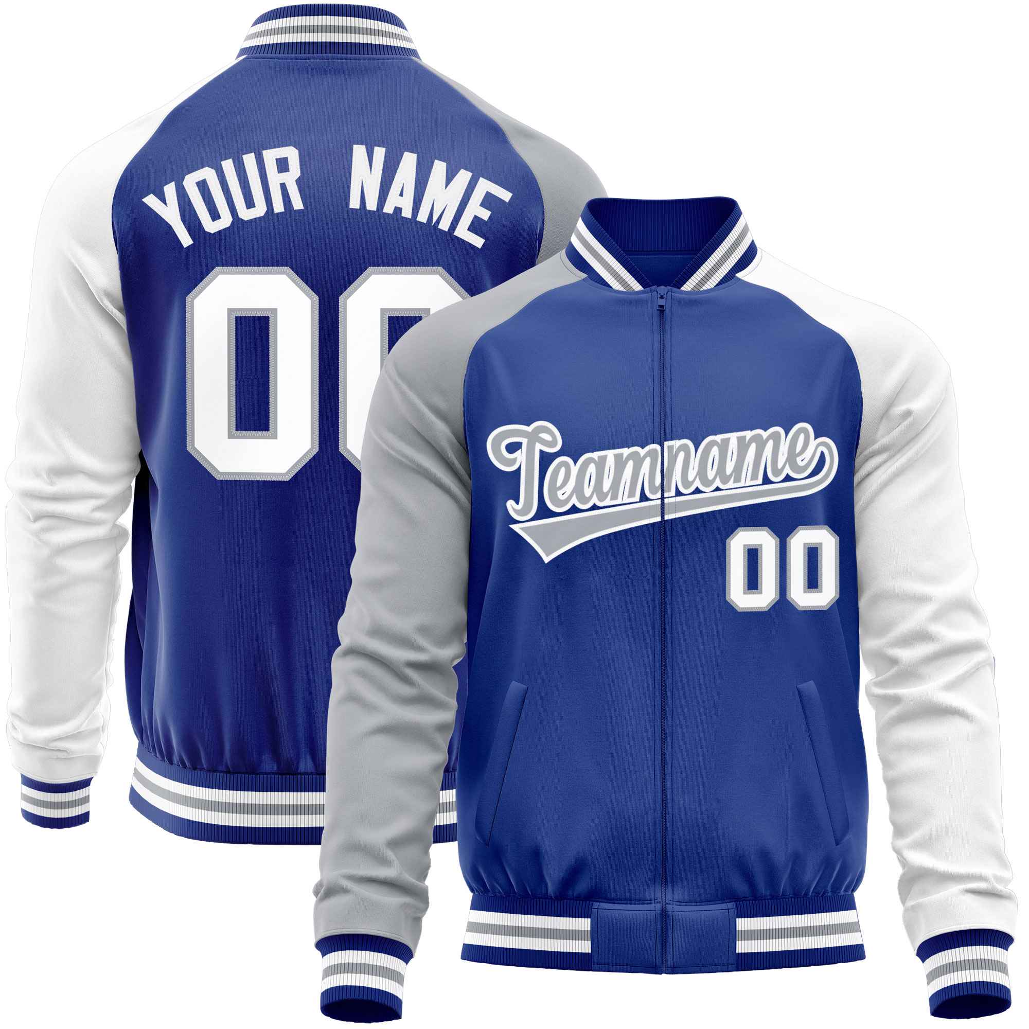 Custom Royal White-Gray Varsity Full-Zip Raglan Sleeves Letterman Baseball Jacket