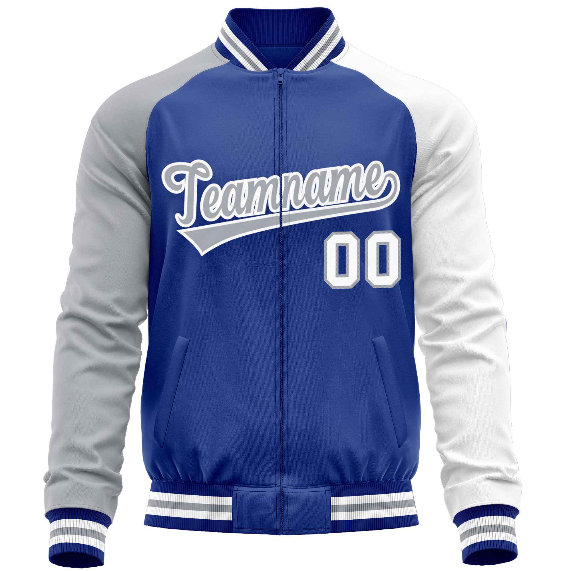 Custom Royal White-Gray Varsity Full-Zip Raglan Sleeves Letterman Baseball Jacket