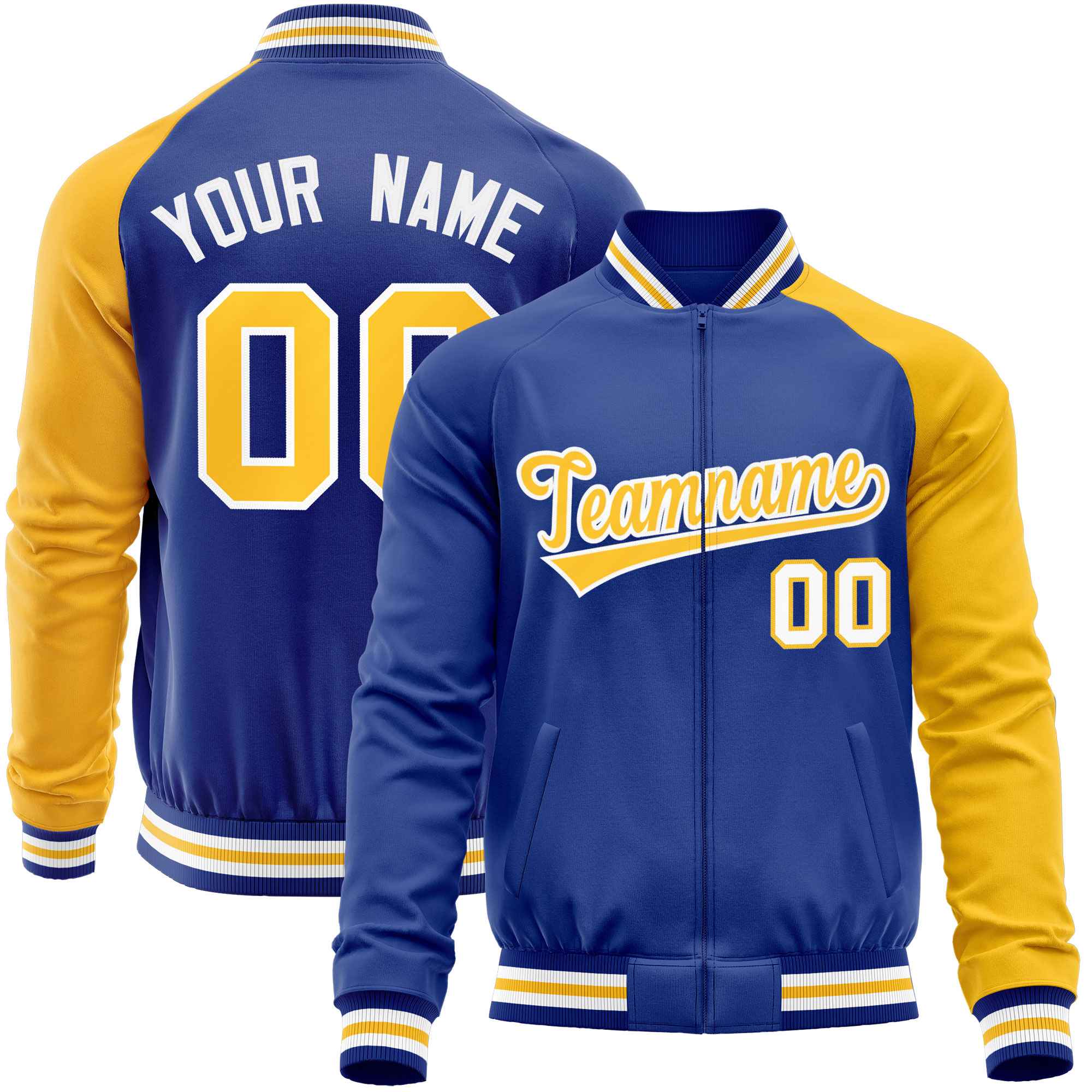 Custom Royal Yellow-Royal Varsity Full-Zip Raglan Sleeves Letterman Baseball Jacket