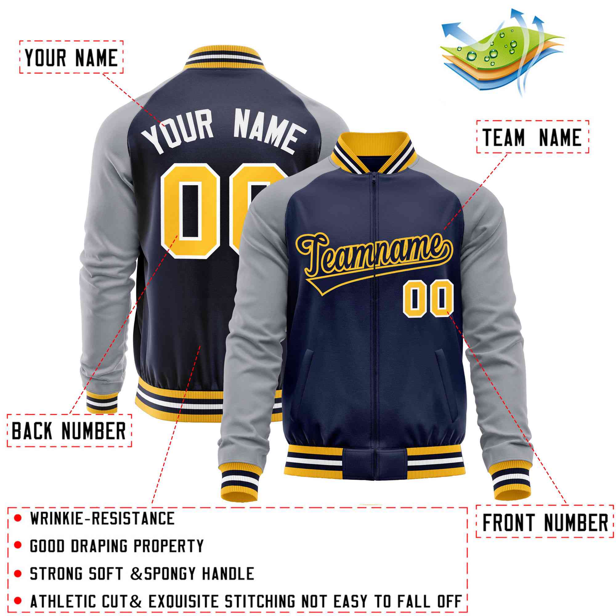 Custom Navy Gray Varsity Full-Zip Raglan Sleeves Letterman Baseball Jacket