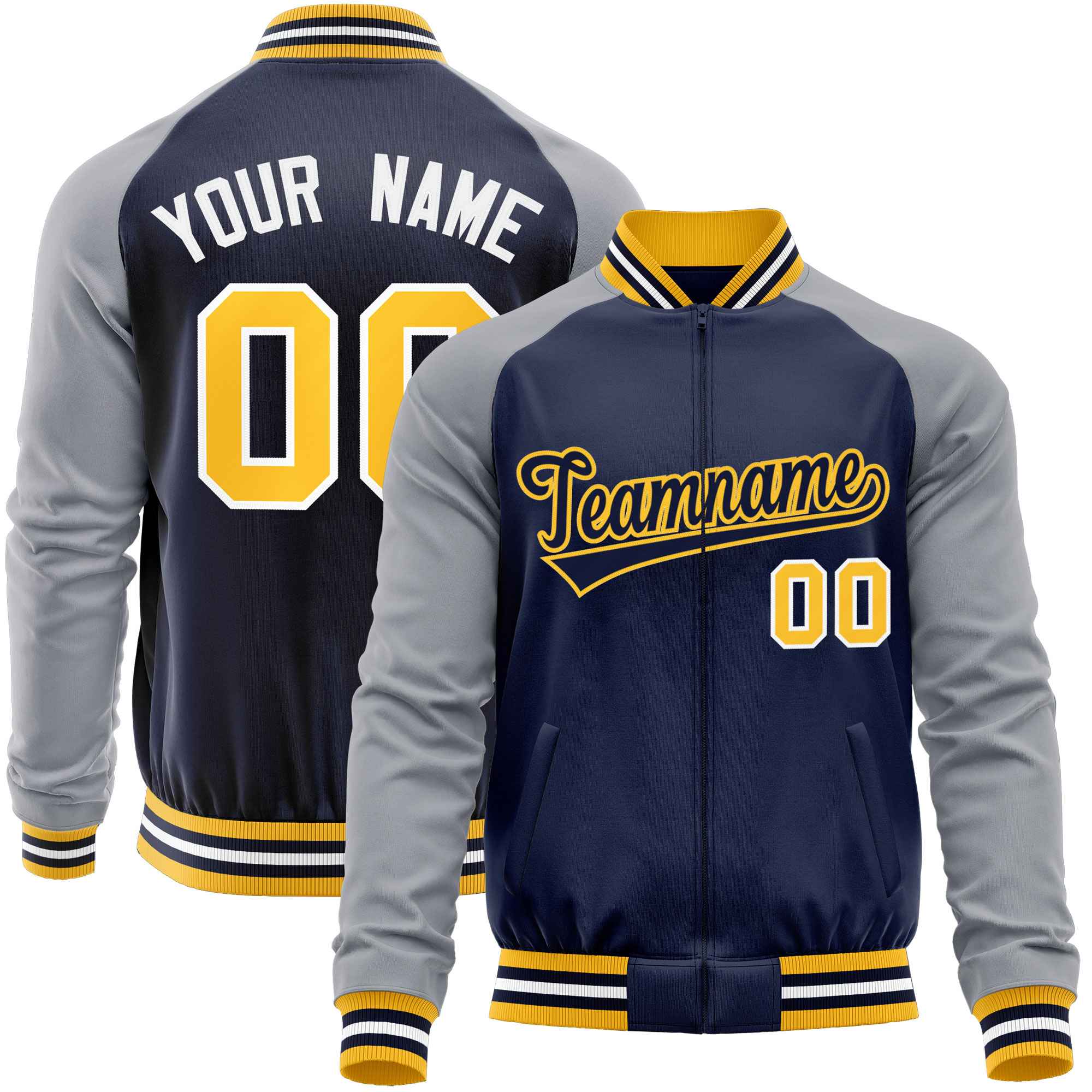 Custom Navy Gray Varsity Full-Zip Raglan Sleeves Letterman Baseball Jacket